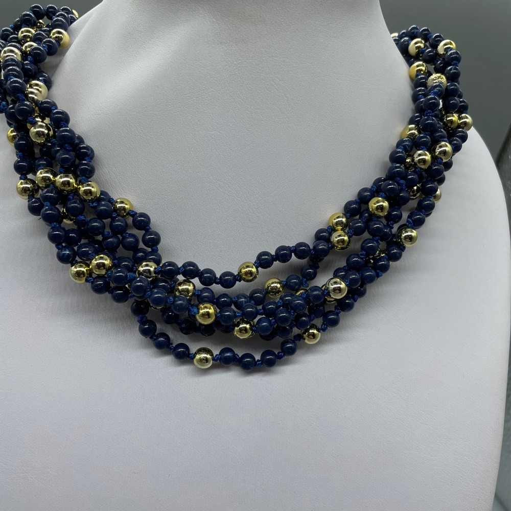 Multi Strand Beaded‎ Necklace Navy Blue Gold Tone Toggle Clasp 17in
